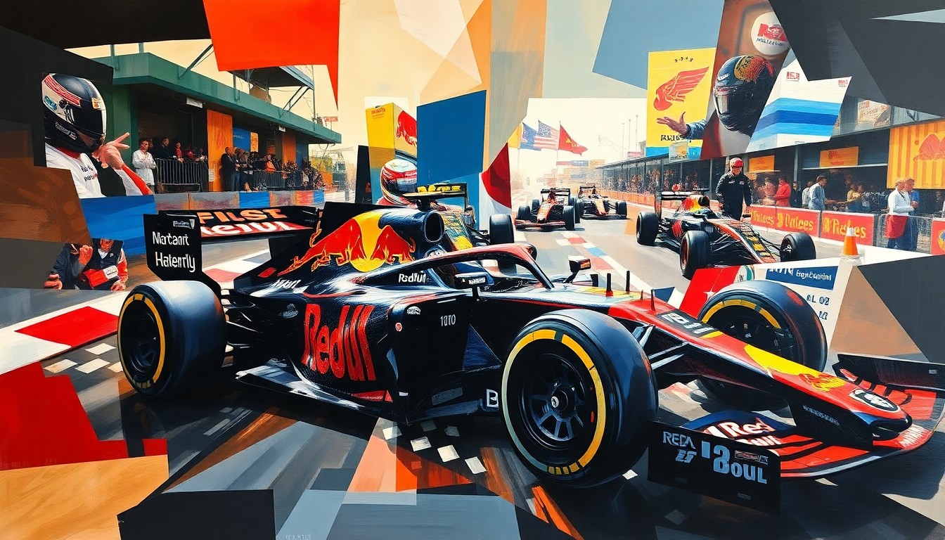 A fractured, multi-perspective painting in the style of Pablo Picasso, with sharp, overlapping geometric planes representing a Formula 1 race scene. The car's silhouette and various racing elements are distorted and abstracted, conveying the chaotic and unpredictable nature of Red Bull's performance across different races.