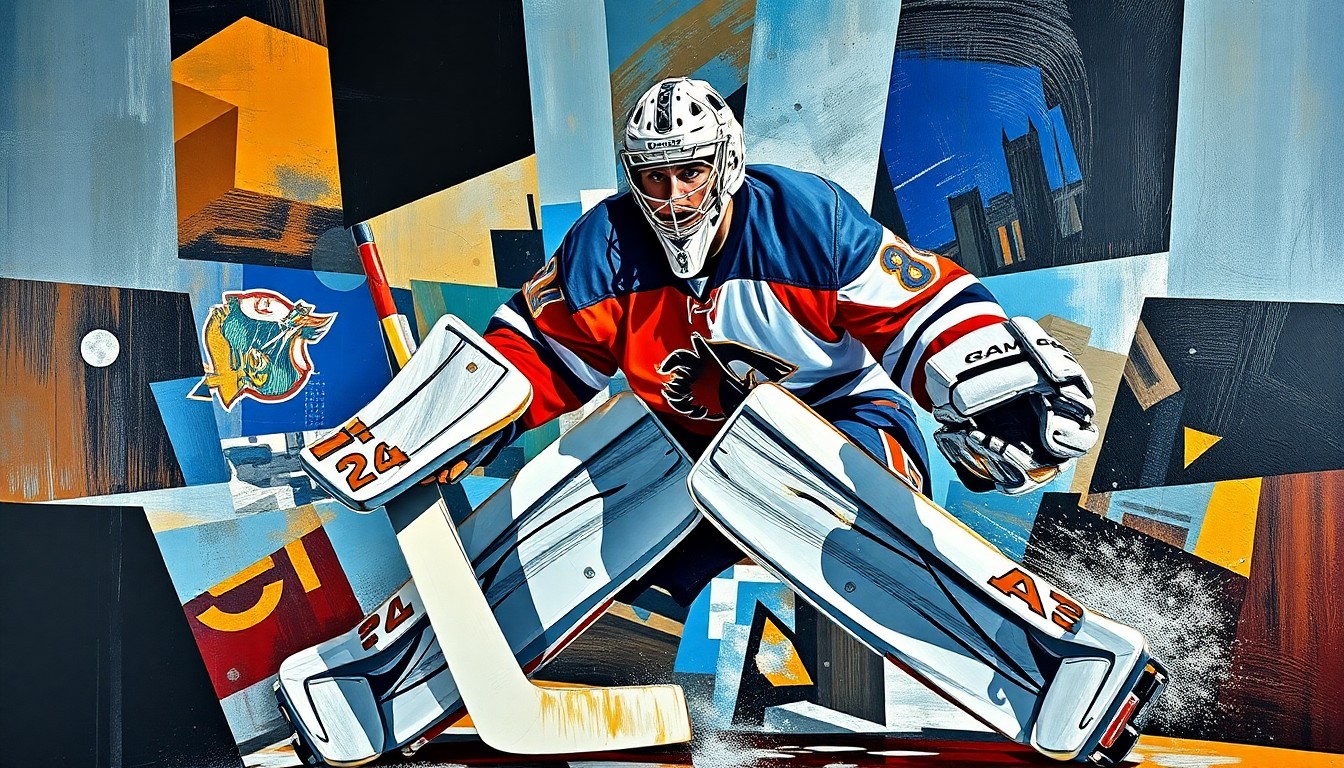 A cubist, geometric painting depicting a hockey goaltender in action, with sharp, overlapping planes of color and form that capture the dynamic movements of the sport.