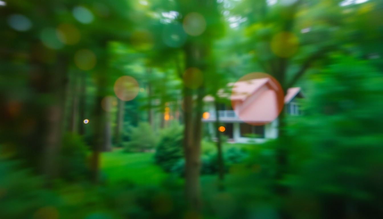 An extremely blurred, impressionistic photograph of a lush, green forest landscape with a glimpse of a modern home peeking through the foliage, captured in warm, soft pools of light and color to create a dreamlike, serene atmosphere.