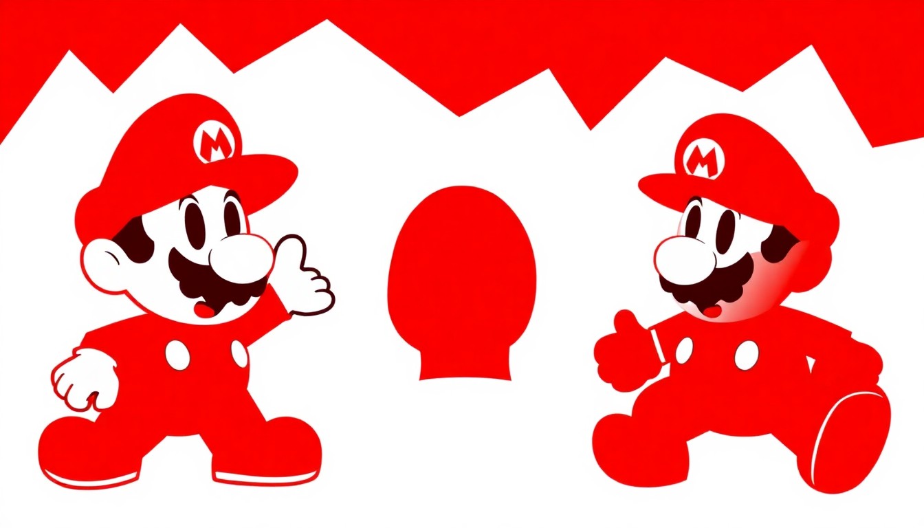 An abstract, minimalist illustration featuring bold, geometric shapes in bright red and white, conceptually representing the playful, tactile nature of the My Mario product line.