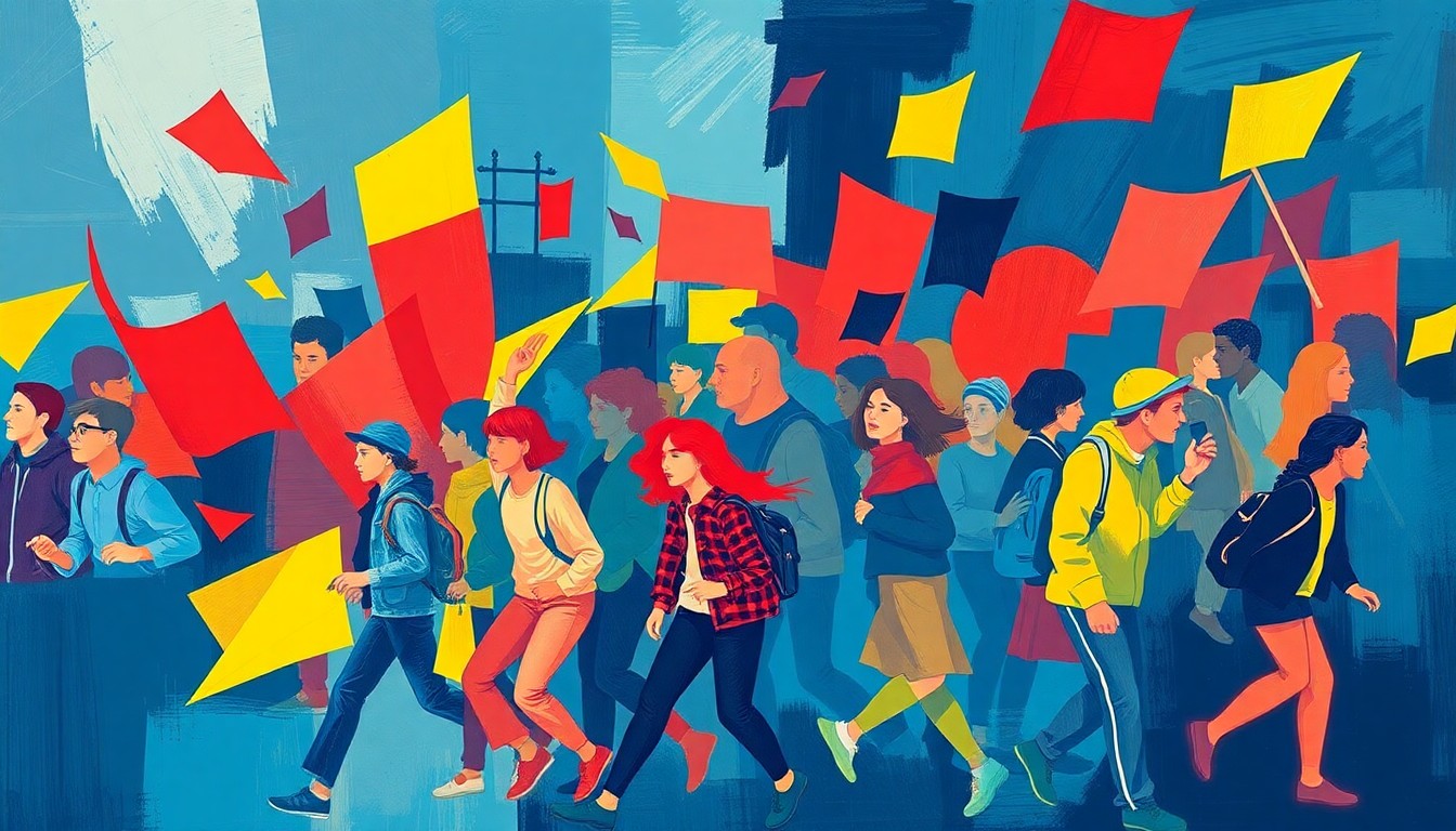 An abstract, fragmented painting depicting a group of students marching in a dynamic, overlapping pattern of geometric shapes and bold colors, conveying the energy and momentum of the protest movement.
