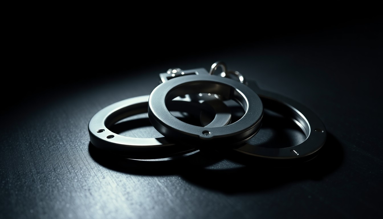 An extreme close-up photograph of a set of handcuffs on a dark surface, lit by a harsh, direct camera flash, creating a stark, gritty, investigative aesthetic.