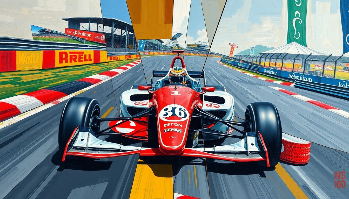 A cubist-style painting depicting a Formula One race car, driver, and track broken down into overlapping geometric shapes and planes, conveying a sense of speed, motion, and technical complexity.