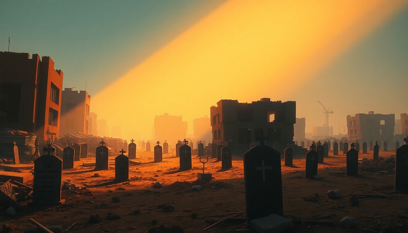 A serene, cinematic painting depicting a makeshift cemetery in Khartoum, with simple grave markers amidst the rubble of a war-torn urban landscape, bathed in warm, diagonal sunlight and deep shadows.