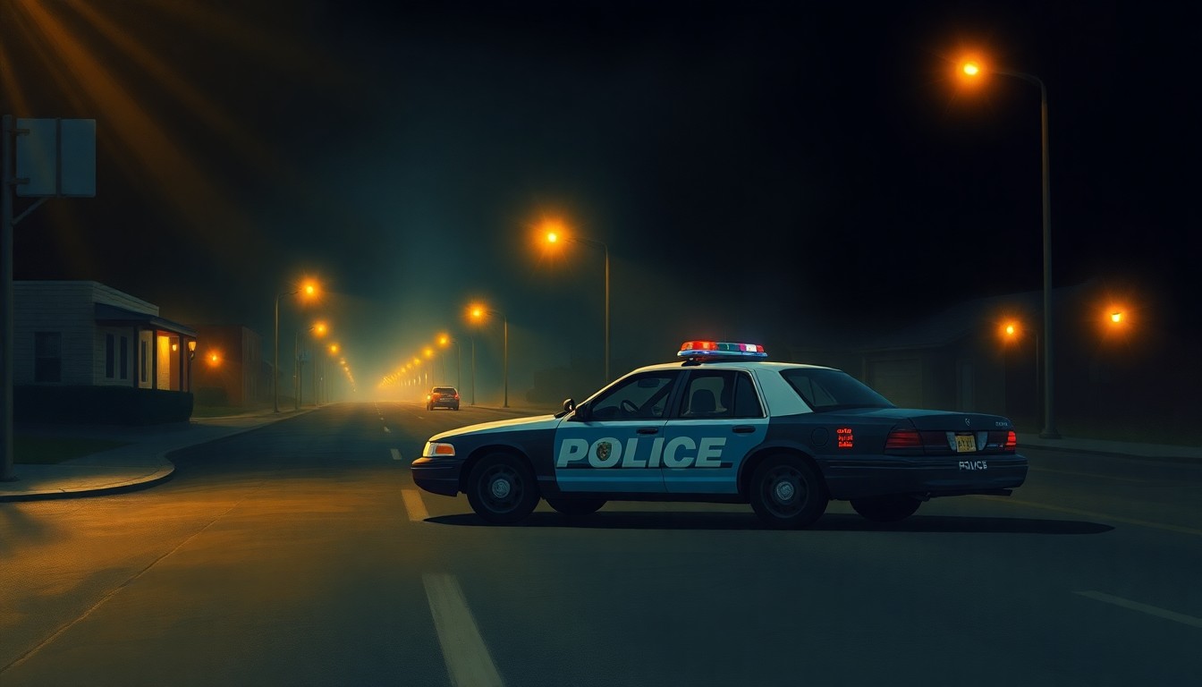 A moody, atmospheric painting of a lone police car parked on a dimly lit street, capturing the somber and introspective mood surrounding the incident.