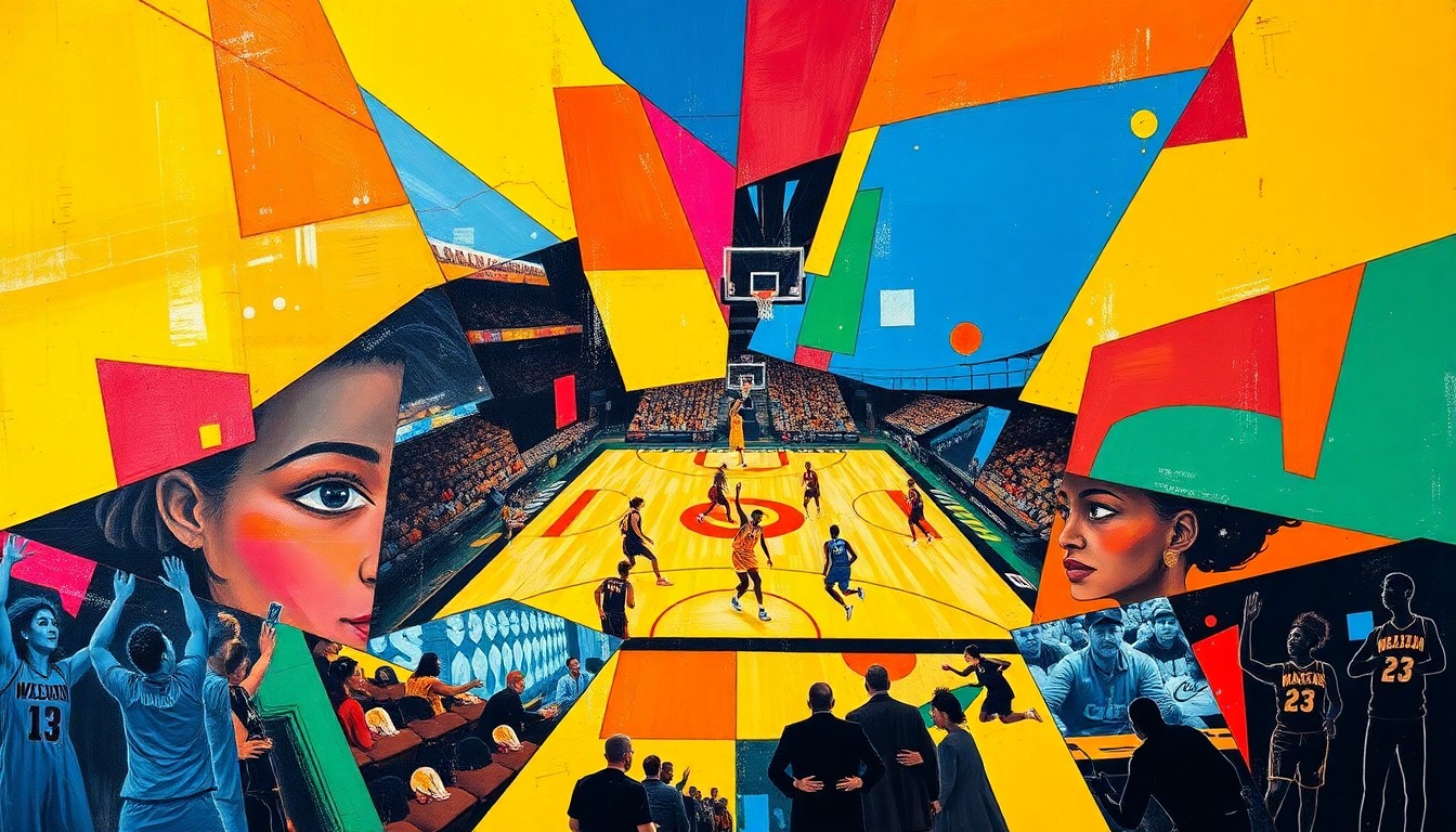 A cubist, geometric painting in vibrant colors depicting the dynamic movements and overlapping perspectives of a WNBA game, conceptually representing the evolving role of centers in the modern league.