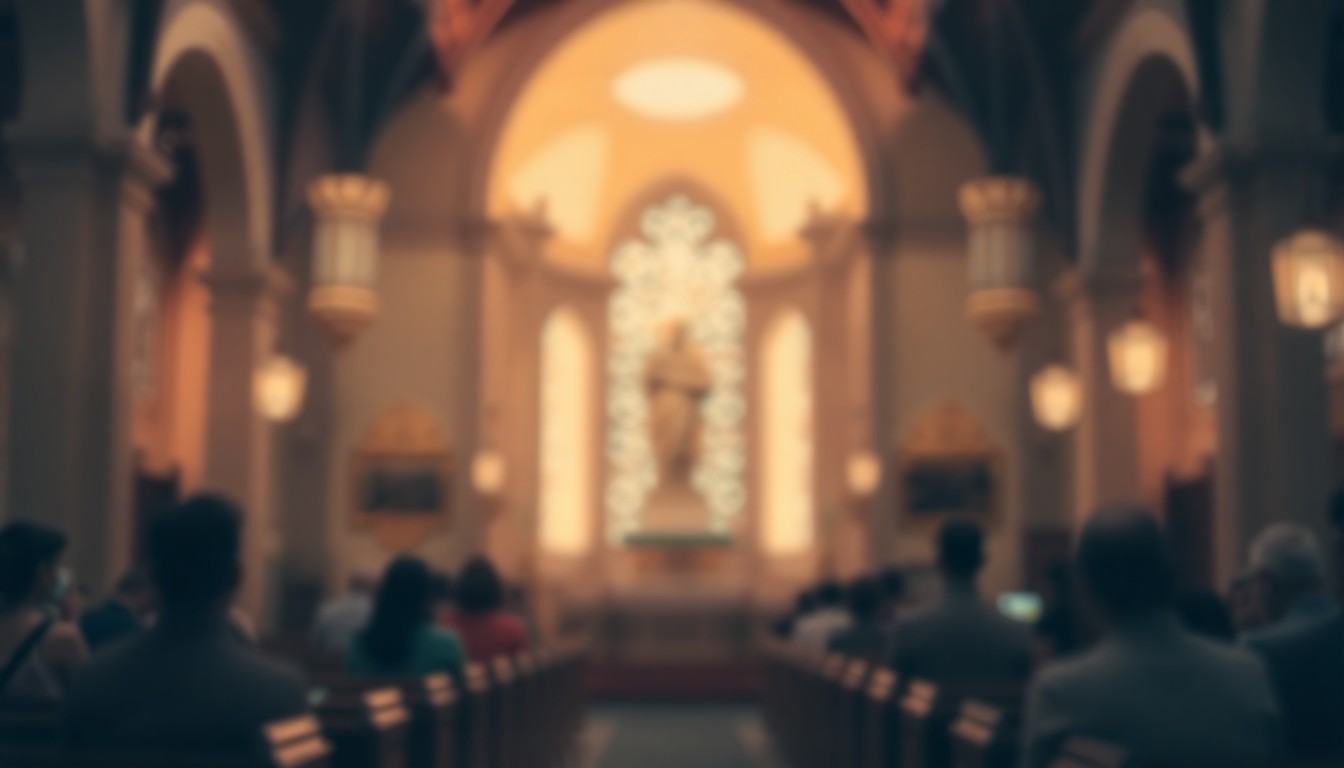 An abstract, impressionistic scene of a dimly lit church interior, with soft, blurred shapes and pools of warm, golden light, evoking a sense of reverence and spiritual contemplation.