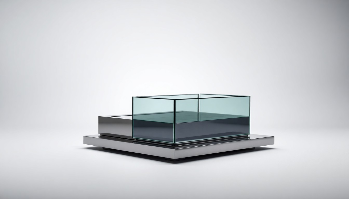 A minimalist, photorealistic studio still-life image featuring a polished, geometric desk organizer made of brushed metal and glass, symbolizing the precision and professionalism of Maria Bartiromo's business journalism career.