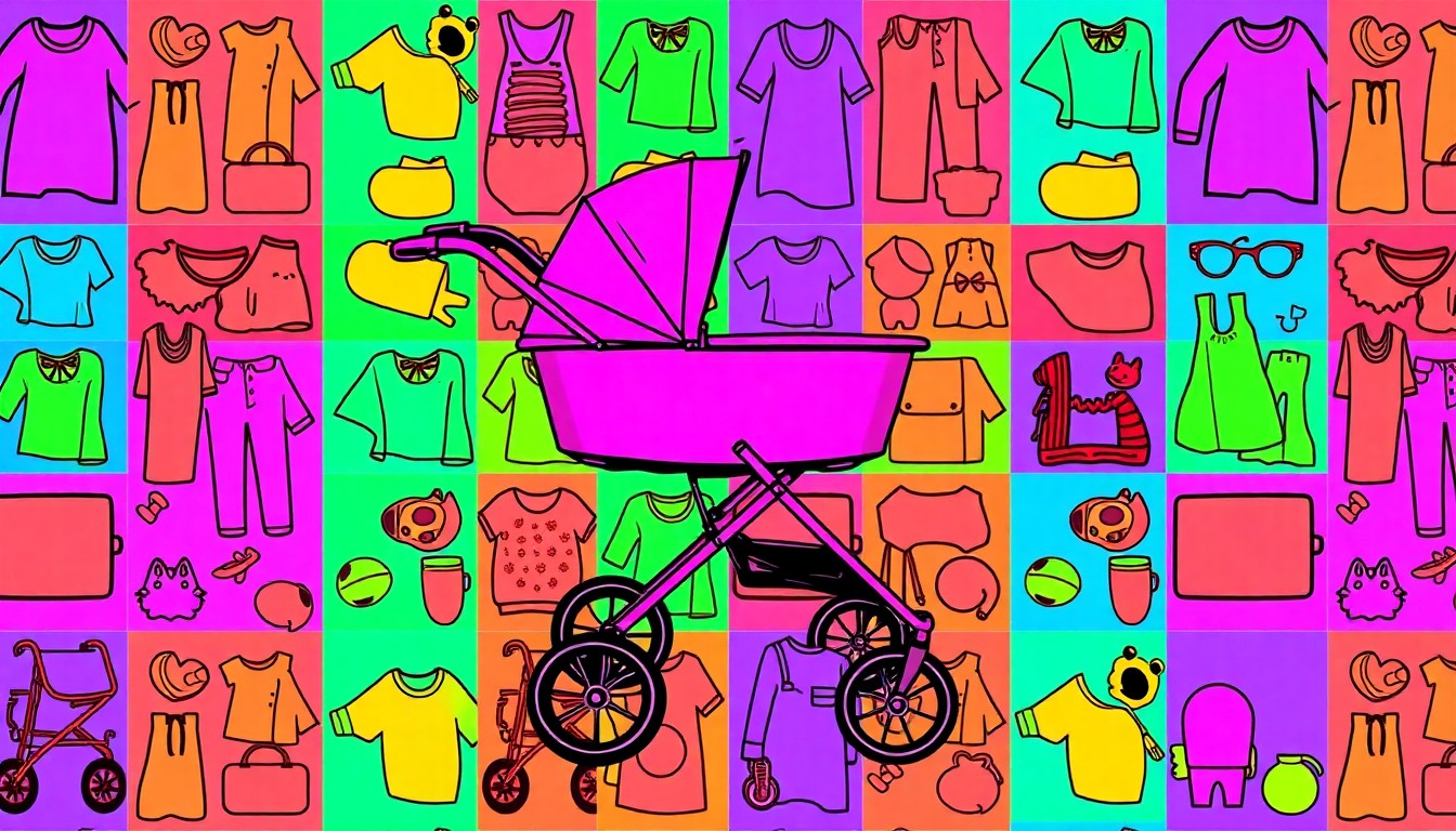 A vibrant, pop art-inspired illustration featuring a repeating grid of colorful silhouettes of strollers, baby clothes, and toys, conceptually representing the variety of children's goods available at the Just Between Friends consignment sale.