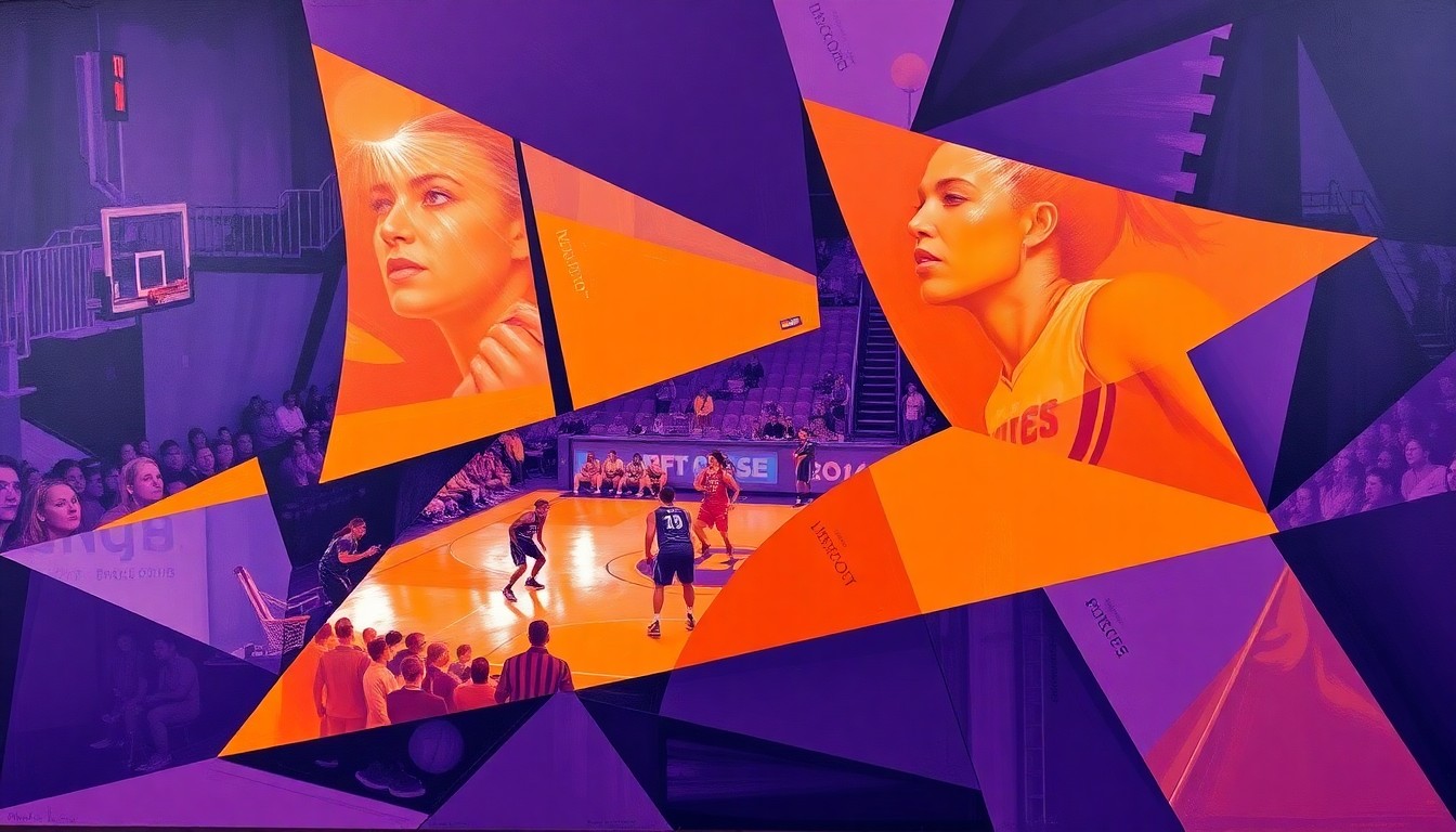 A cubist, geometric painting featuring overlapping planes of purple and orange, capturing the dynamic energy of a WNBA basketball game or match.