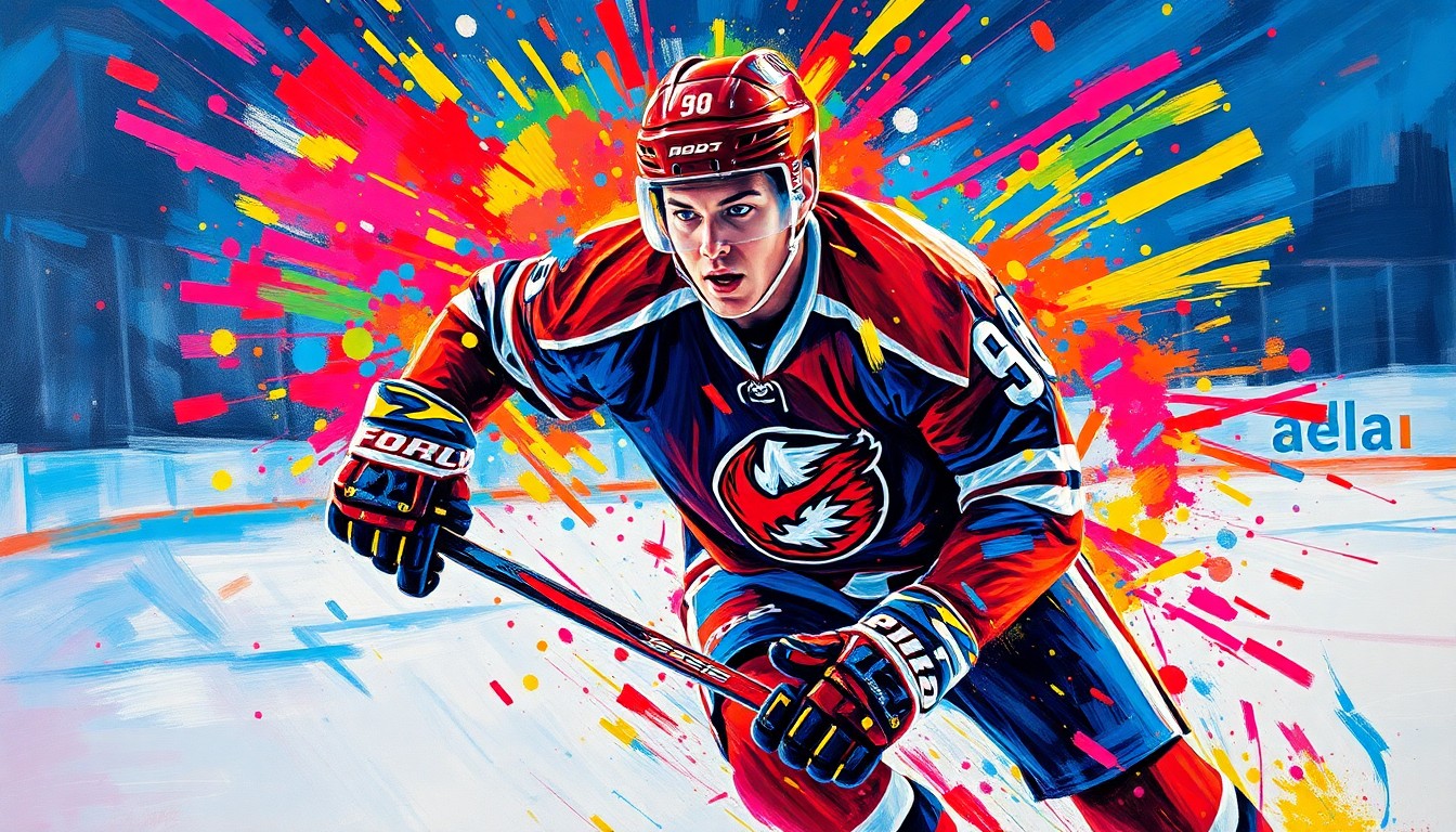 An abstract, expressionist painting featuring vibrant neon brushstrokes and splatters of color, capturing the dynamic movement and energy of a hockey player on the ice.