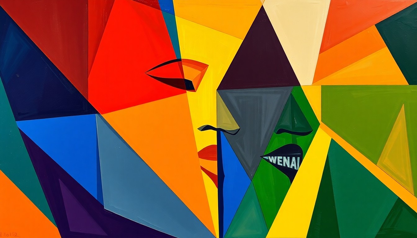 A cubist, geometric painting depicting a WNBA game or match, with sharp, overlapping planes of color representing the dynamic action on the court and the league's growing geographic footprint.