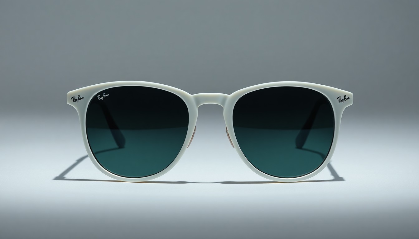 A high-end, photorealistic studio still-life photograph featuring a pair of oversized white-framed, gray-lensed Ray-Ban sunglasses arranged elegantly on a clean, monochromatic background, conveying the premium quality and exclusivity of the limited-edition capsule collection.
