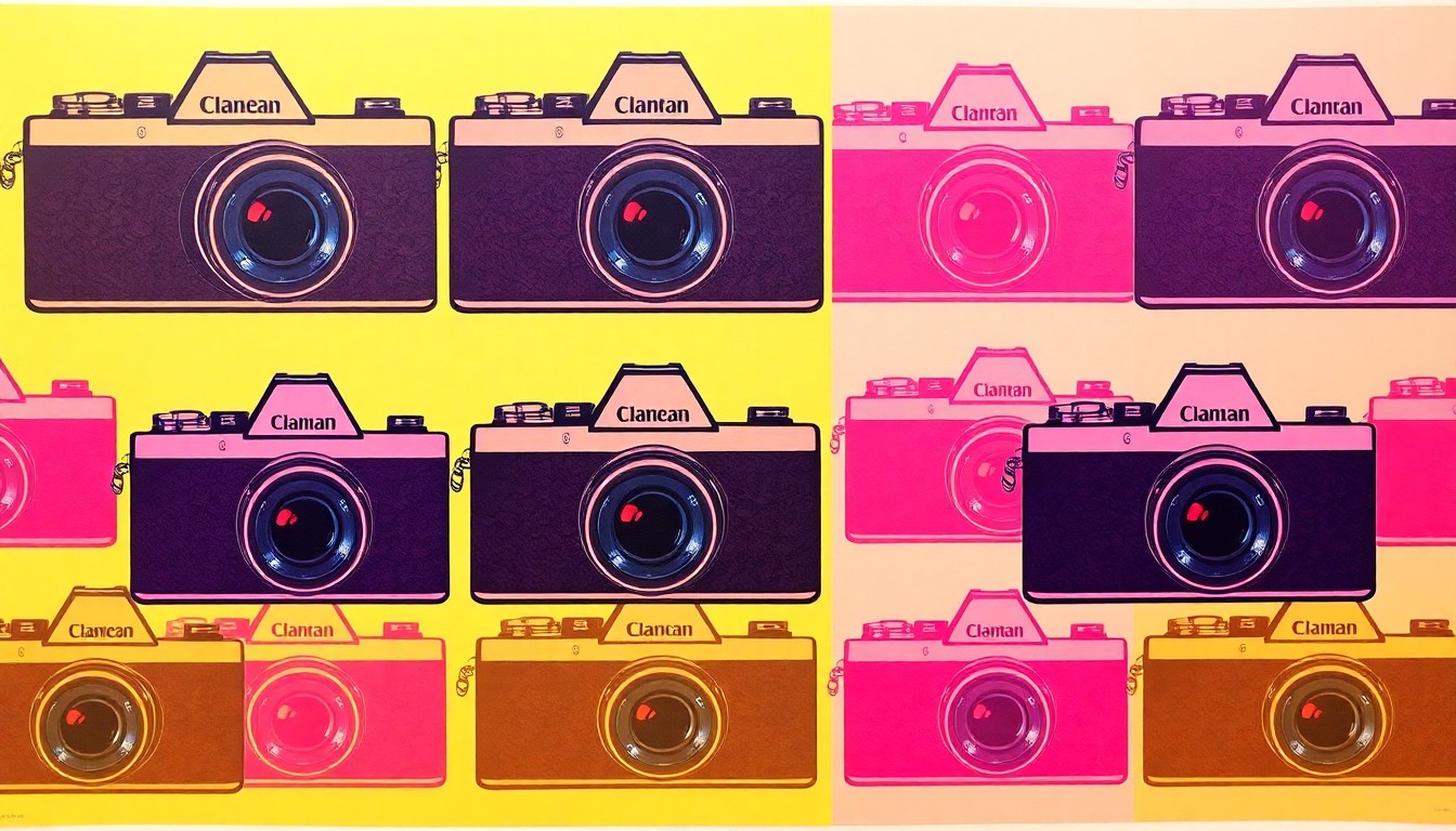 A brightly colored, high-contrast silkscreen print featuring a vintage digital camera repeated in a tight grid pattern, using a vibrant neon color palette and heavy black outlines to transform the everyday object into a modern pop art piece.