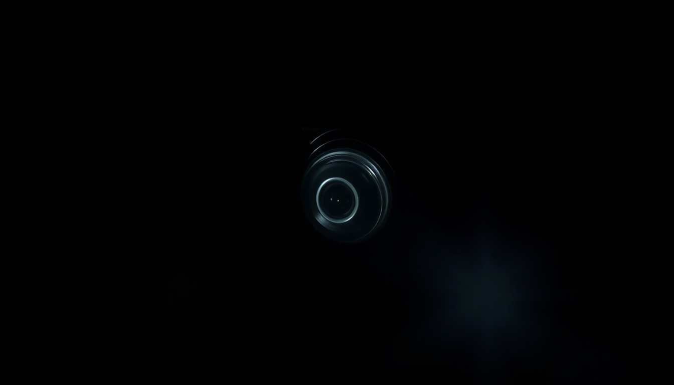 An extreme close-up photograph of a hidden camera lens and battery pack, lit by a harsh, direct camera flash against a pitch-black background, creating a stark, gritty, investigative aesthetic.