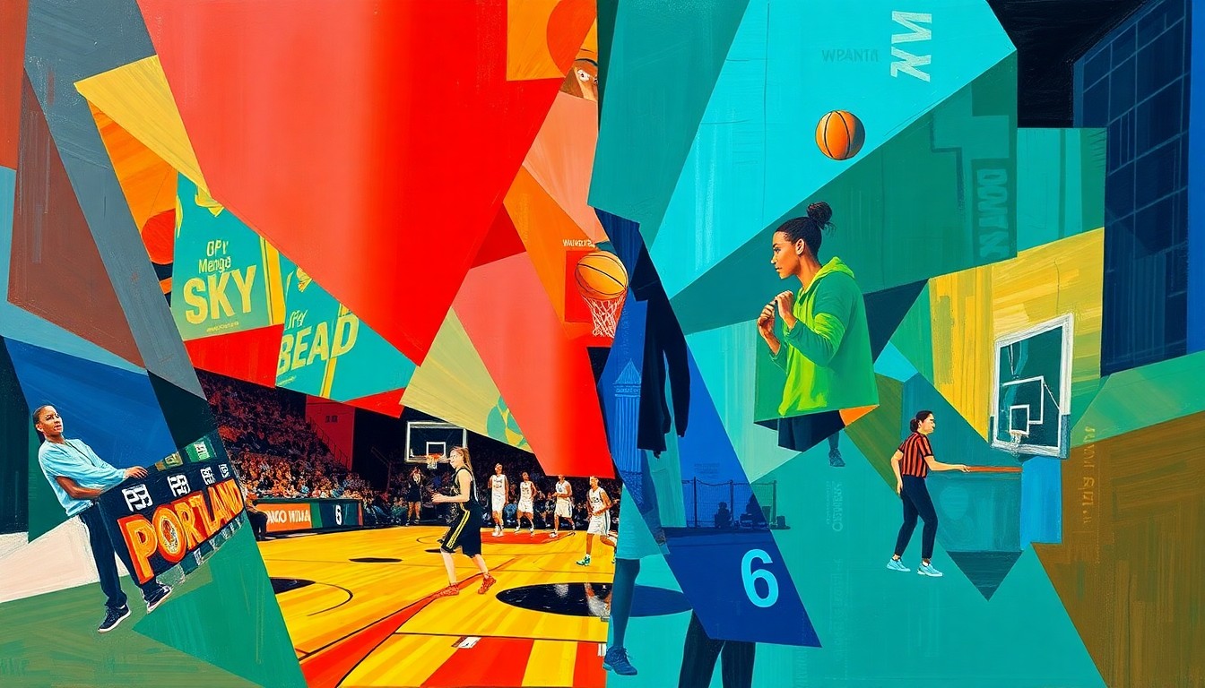 A cubist, geometric painting depicting a WNBA basketball game, with overlapping shapes and planes in the vibrant colors of the Portland Fire and Chicago Sky teams, capturing the energy and movement of the sport.