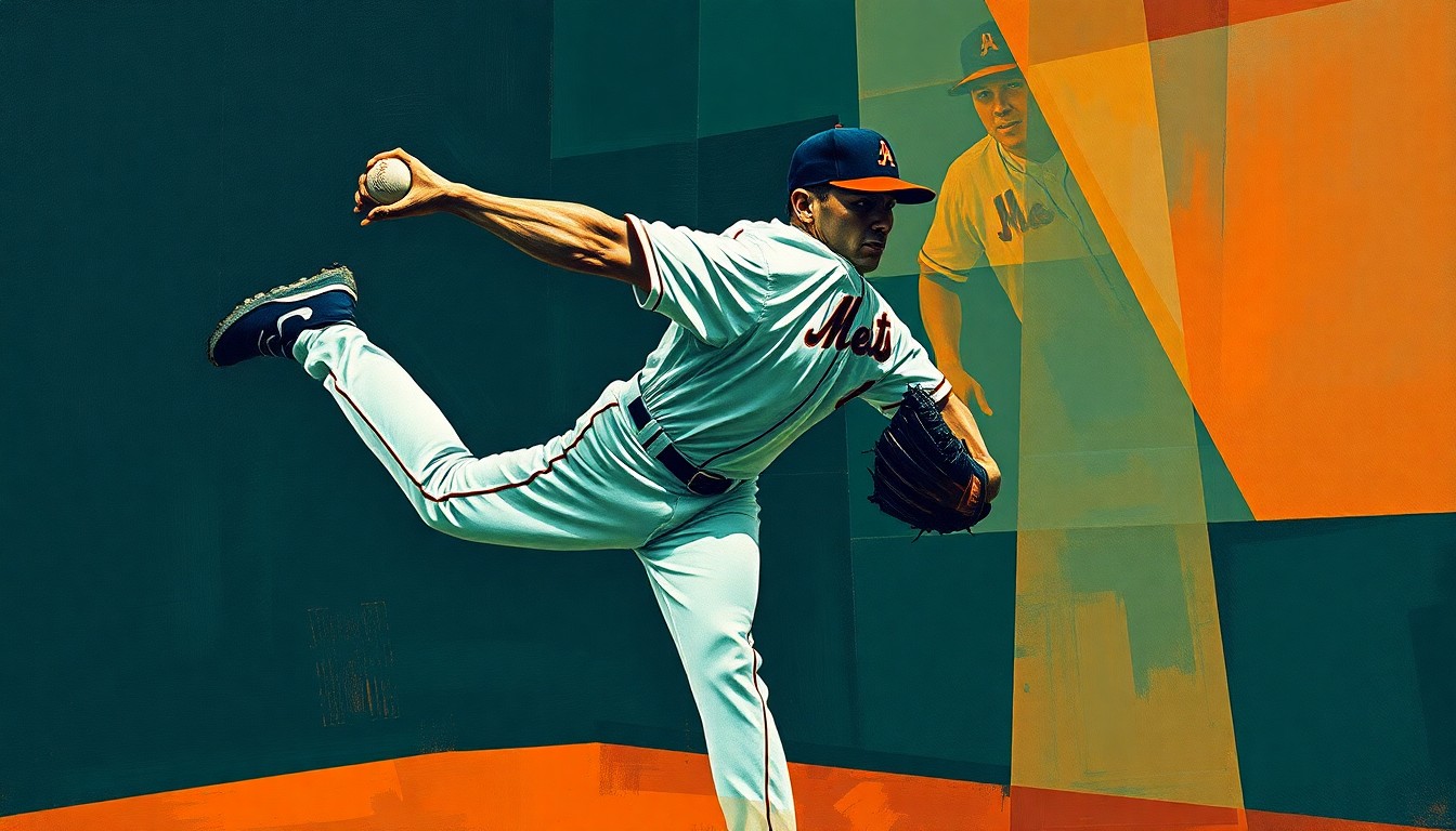A cubist-style painting depicting a baseball pitcher's motion broken down into sharp, overlapping geometric shapes in muted tones, conceptually representing the complex and fragmented nature of a journeyman reliever's career.