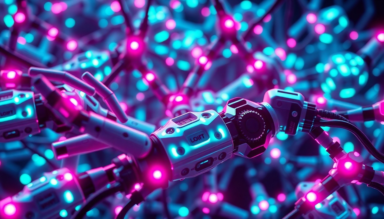 A highly detailed, glowing 3D illustration of a network of interconnected robotic limbs and components, representing the advanced, intelligent technology at the heart of Elon Musk's vision for the future.