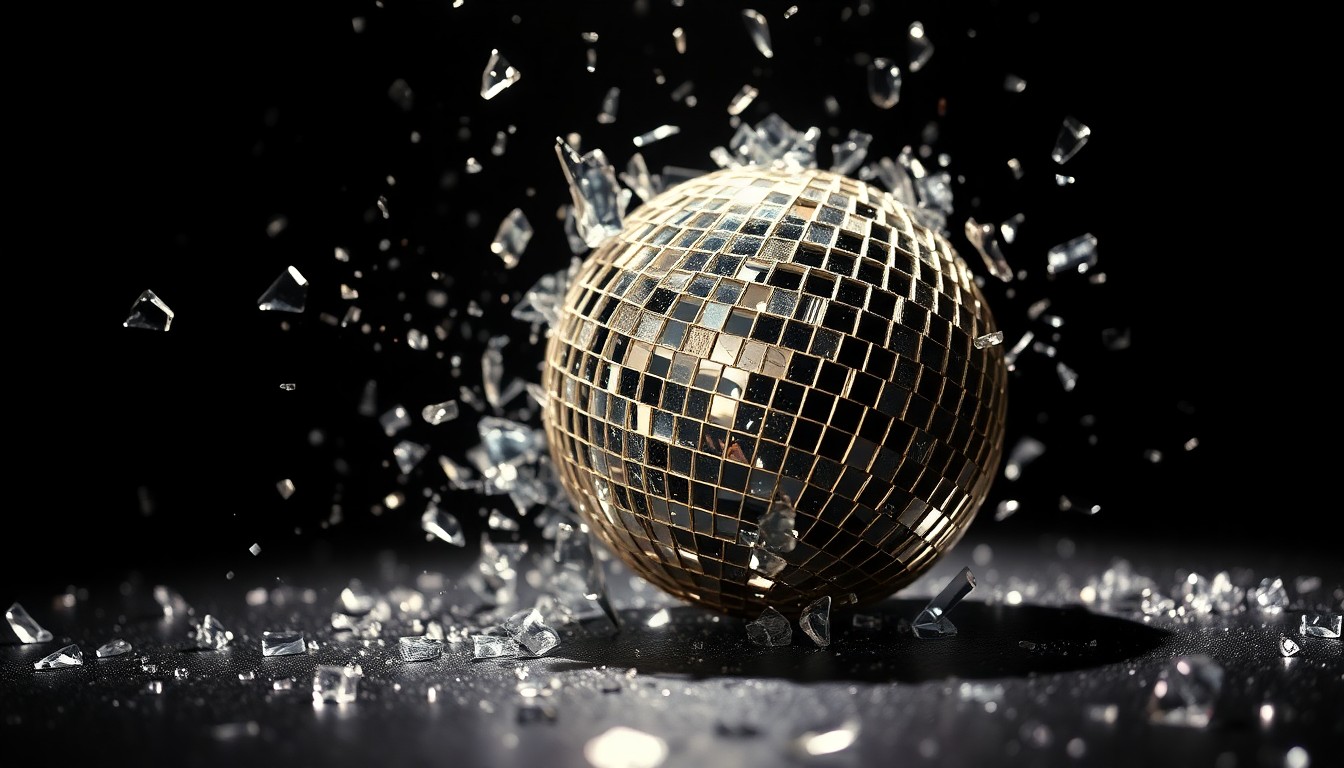 An extreme close-up of shattered, glittering disco ball glass reflecting dramatic studio lighting, conceptually representing the emotional energy and unexpected moments that defined the 2026 Grammy Awards.