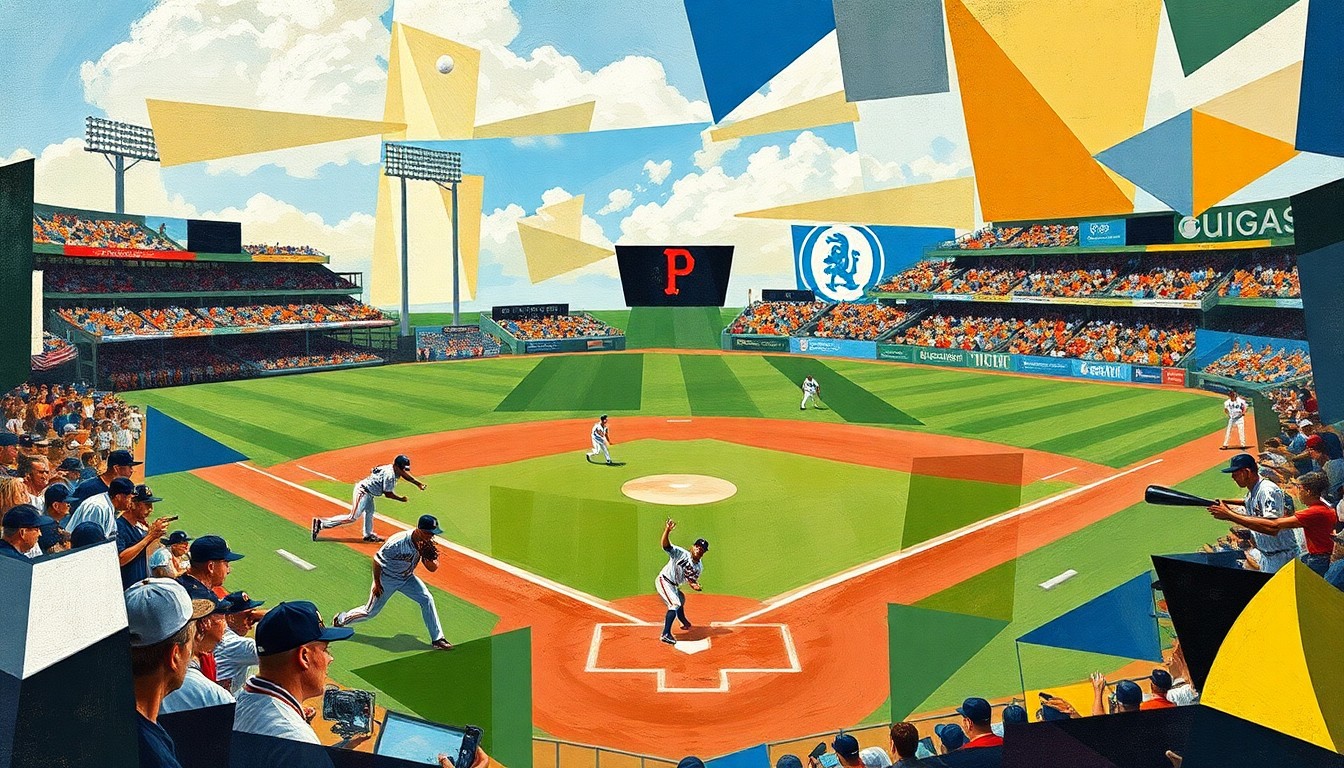 A cubist, geometric painting depicting the dynamic motion and energy of a baseball game, with players and the field reduced to abstract shapes and planes of color.