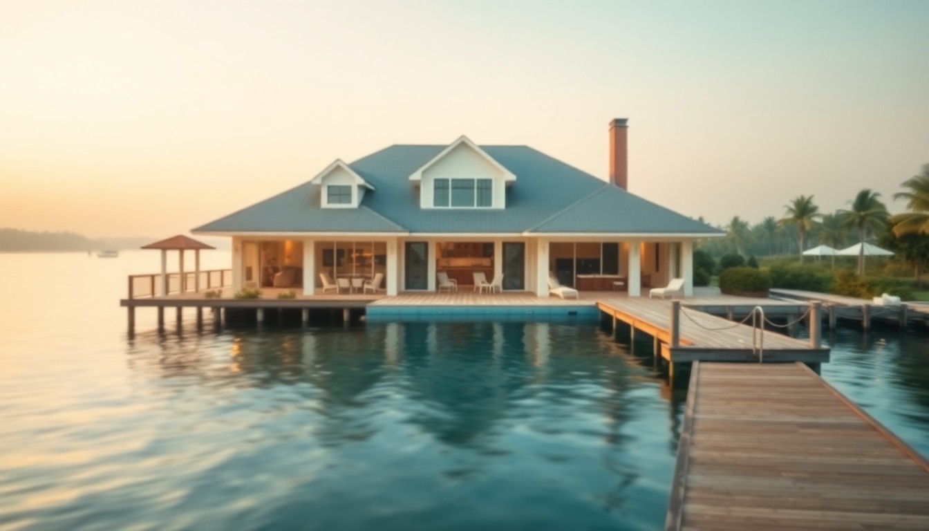 A softly focused, impressionistic photograph of a waterfront home's exterior, with the main house, pool, and pier blending together in a warm, hazy palette of blues, greens, and golds, conveying a sense of tranquility and effortless indoor-outdoor living.