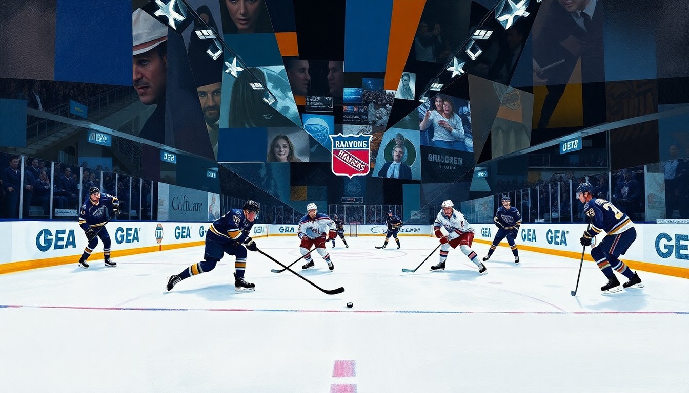 A cubist, geometric painting depicting a hockey game between the Buffalo Sabres and New York Rangers, with players and the puck represented as abstract, angular forms in a fractured, multi-perspective composition.