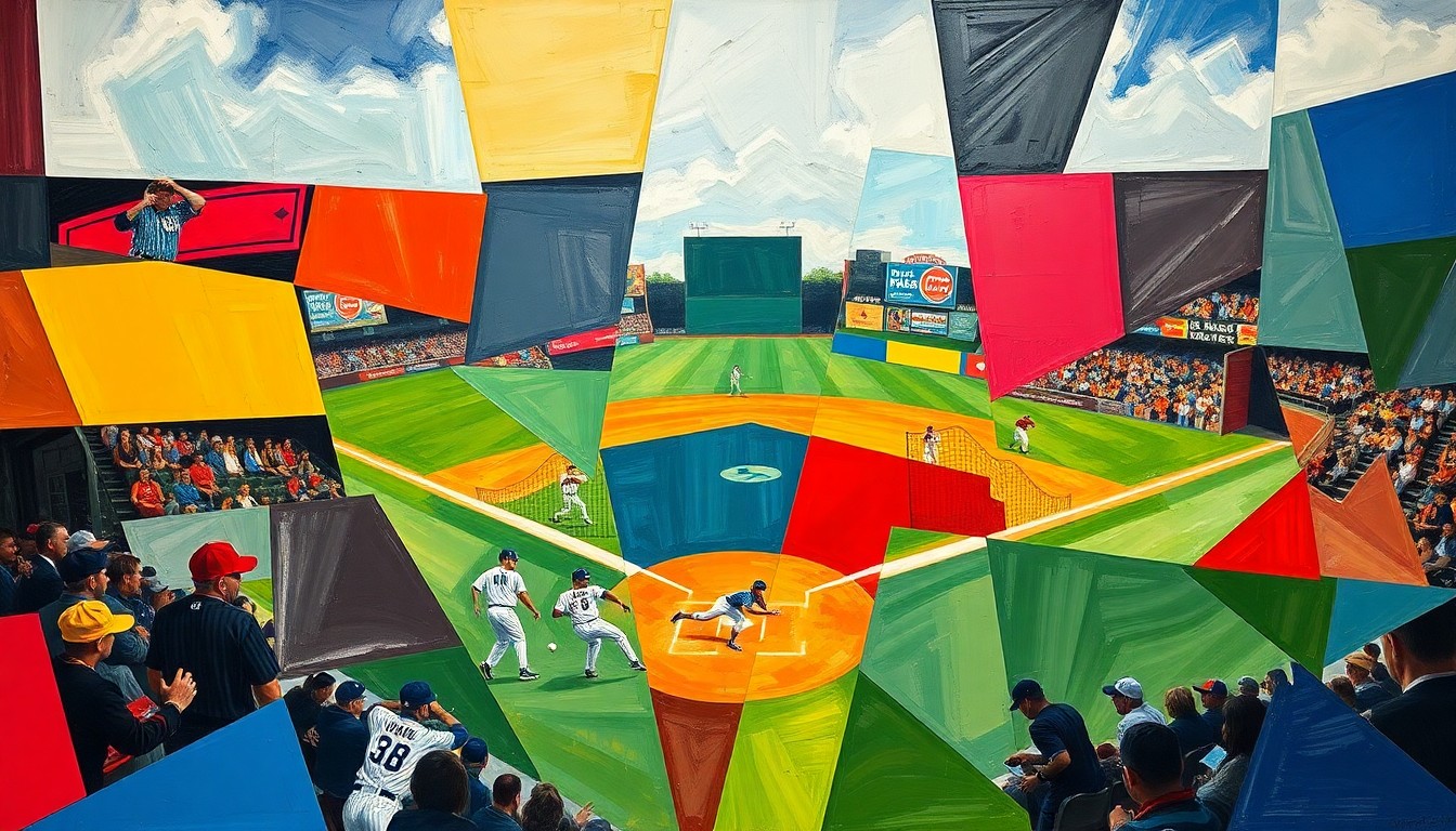 A fractured, cubist-style painting depicting a baseball game or match, with the players and field broken down into sharp, overlapping geometric shapes and planes of vibrant colors like red, blue, and yellow, creating a dynamic and abstract visual representation of the sport.