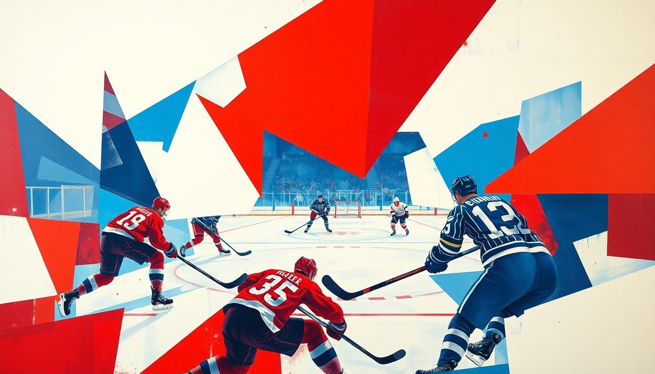 A cubist, geometric painting in shades of red, blue, and white, capturing the dynamic movement and energy of a hockey game, with overlapping planes and fragmented perspectives.
