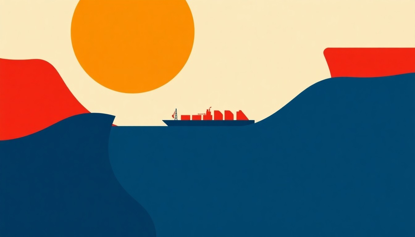 A minimalist, abstract illustration using bold geometric shapes and primary colors to represent the fragile and negotiated nature of the global oil supply chain, with the Strait of Hormuz as a critical chokepoint.