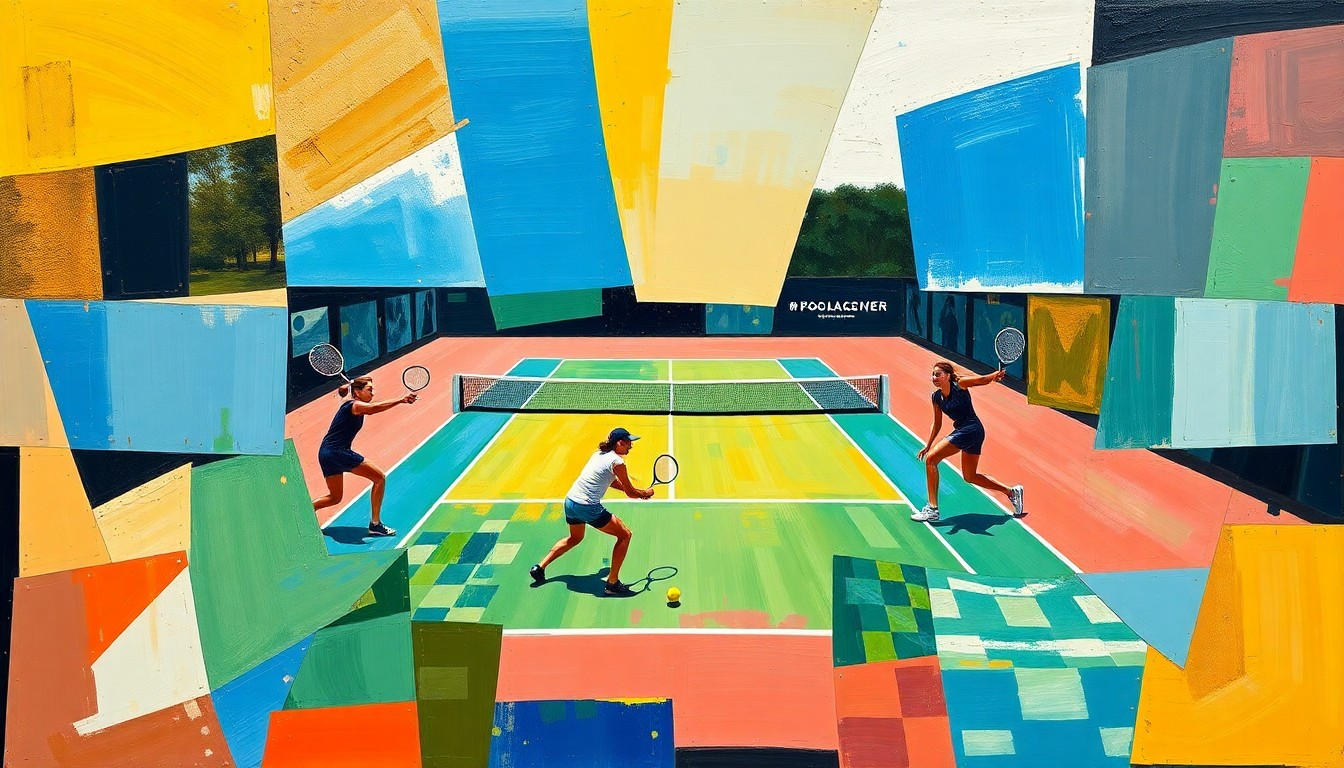 A fractured, cubist-style painting depicting the dynamic movements and energy of a tennis match, with the players and court deconstructed into sharp, overlapping geometric shapes and planes in a vibrant, abstract composition.