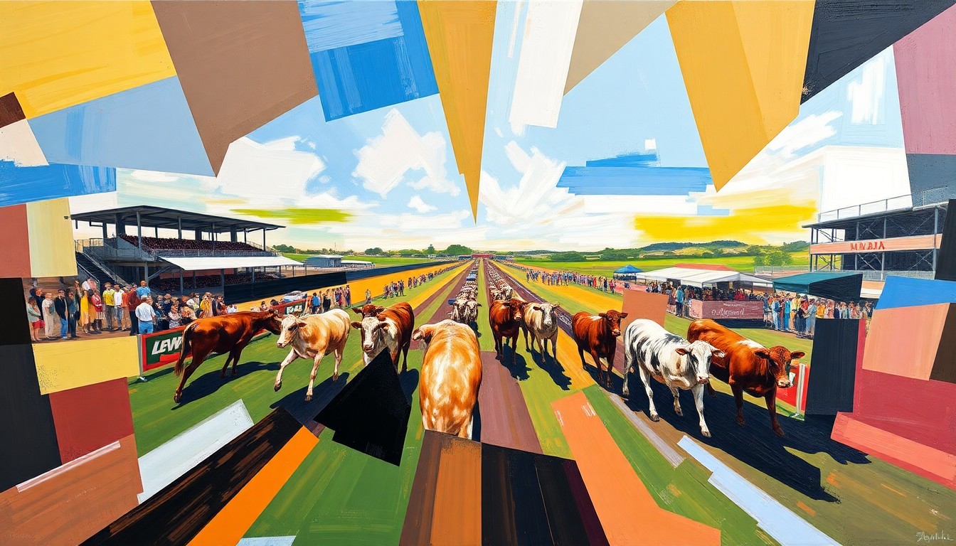 A fractured, multi-perspective painting in the style of Pablo Picasso, featuring sharp, overlapping geometric planes in a vibrant color palette that abstractly represents the energy and movement of an agricultural event.
