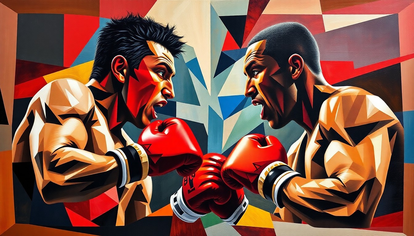 A cubist-style painting depicting the boxing match between Jake Paul and Anthony Joshua, with the figures and ring broken down into sharp, overlapping geometric shapes and planes in a vibrant color palette.