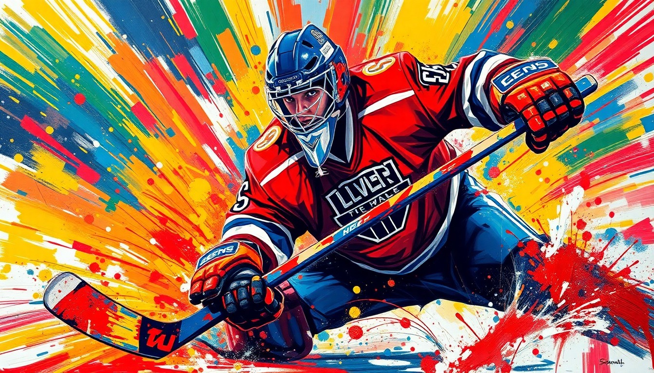 An abstract, energetic painting depicting the blurred motion of a hockey goalie making a save, with vibrant neon colors and expressive brushstrokes capturing the raw intensity of the moment.