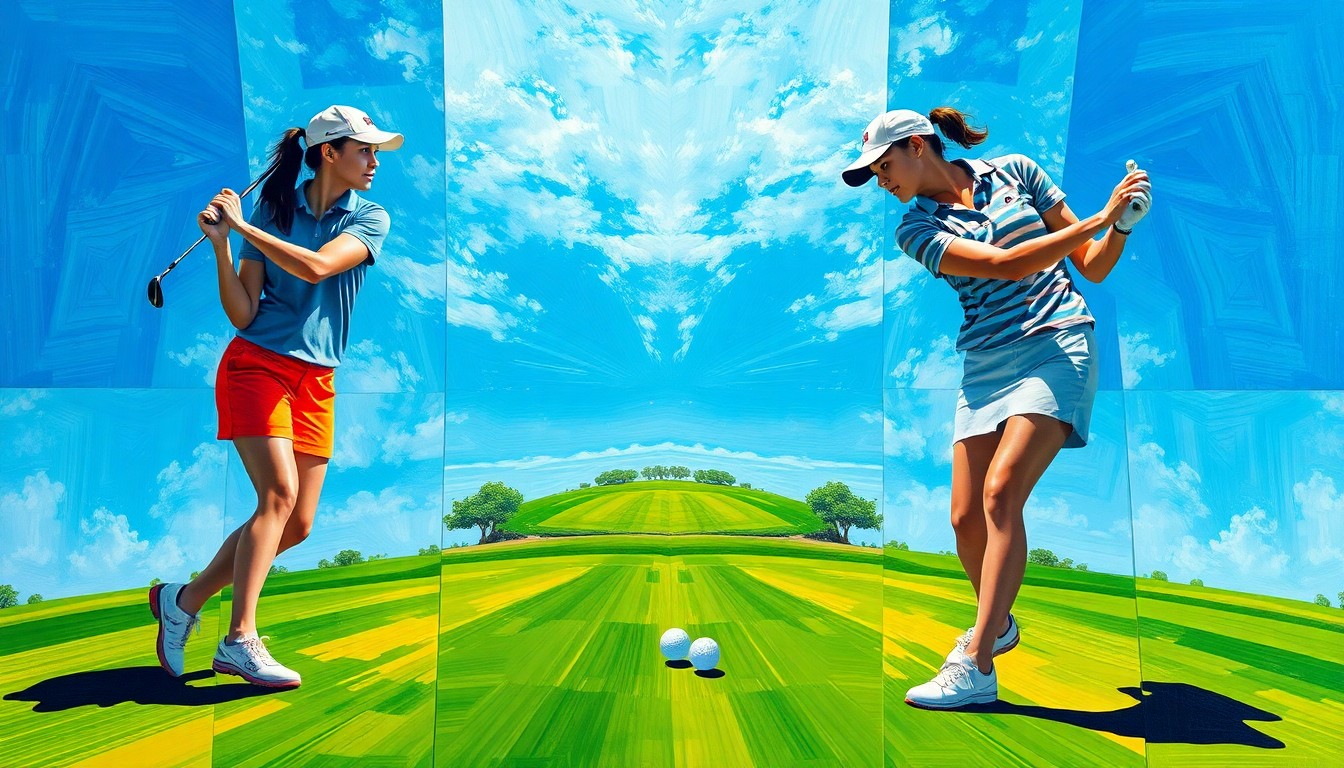 A cubist, geometric painting depicting a golf match between two players, with the course and players broken down into sharp, overlapping planes of color.