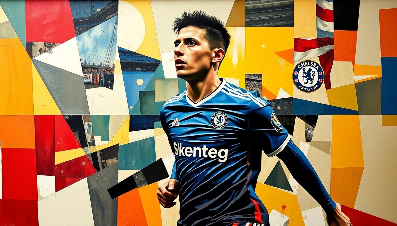 A fractured, multi-perspective painting depicting Alejandro Garnacho's journey, with sharp, overlapping geometric planes representing the challenges and complexities he has faced in transitioning from Manchester United to Chelsea.