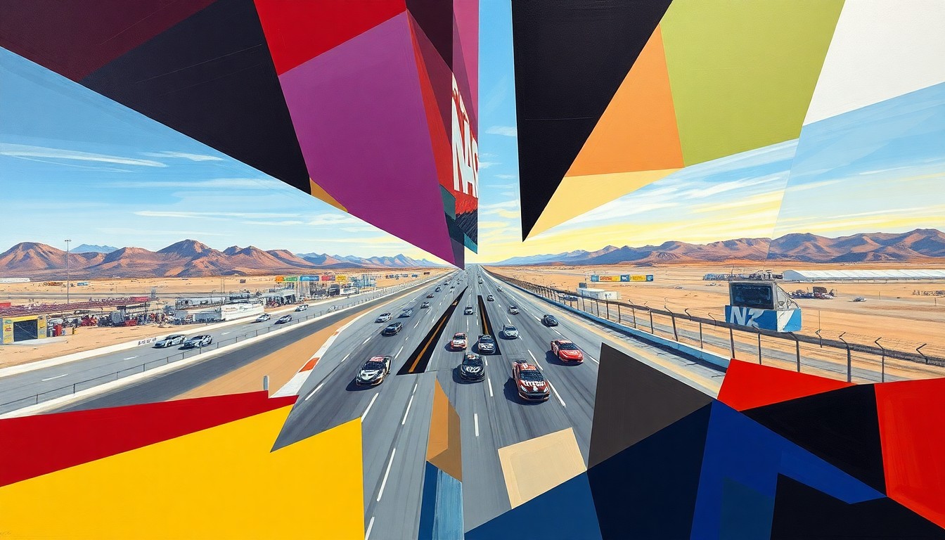 A fractured, multi-perspective painting breaking down a NASCAR race at Las Vegas Motor Speedway into sharp, overlapping geometric planes of color, capturing the high-energy and strategic nature of the event.