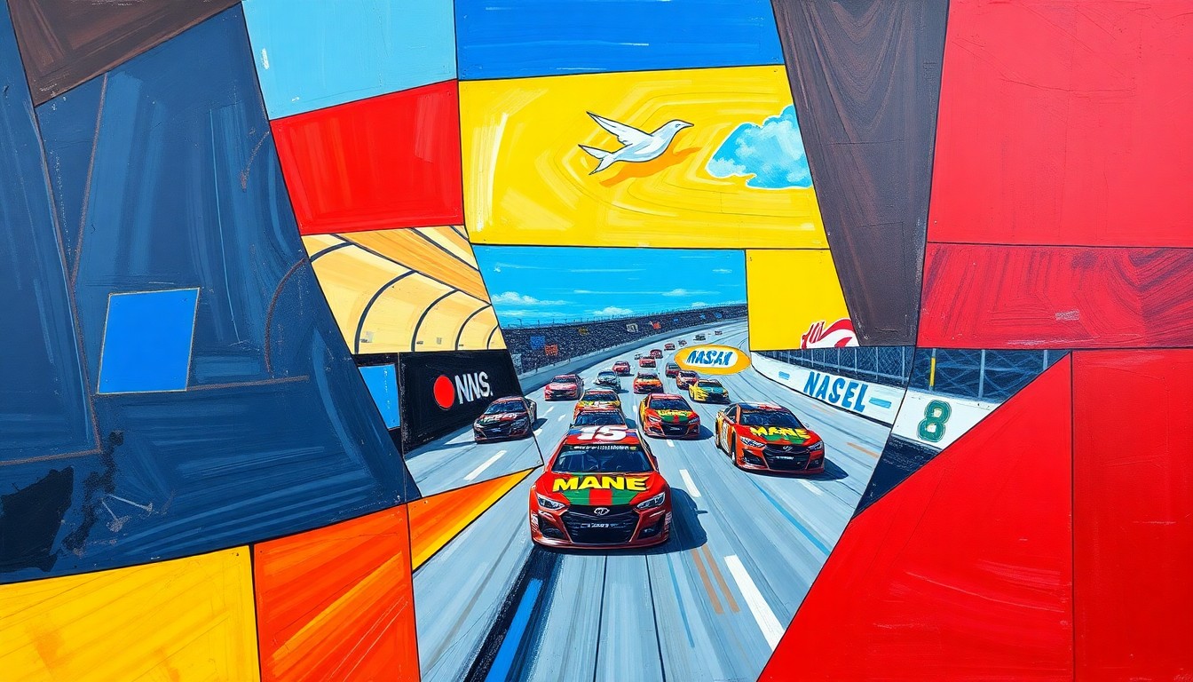 A fragmented, geometric painting depicting a NASCAR race, with sharp planes of color and overlapping perspectives, conveying the sport's dynamic tensions.