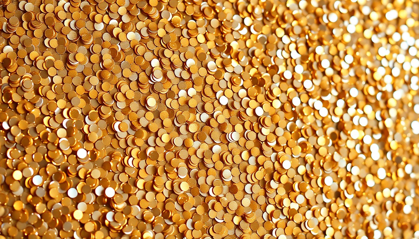 An extreme close-up photograph of a shimmering, high-contrast sequin texture in gold and silver hues, evoking the glamour and star power of the late actress Catherine O'Hara.