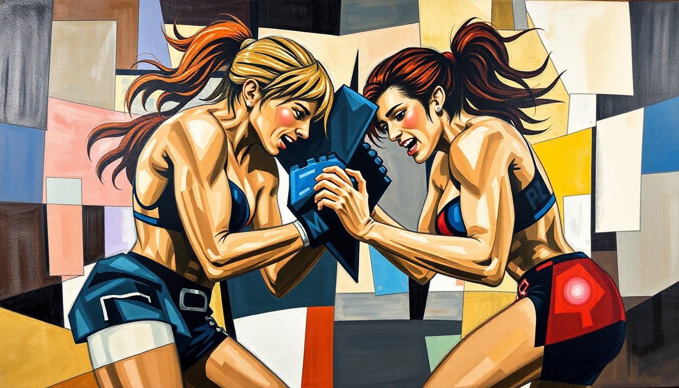 A cubist, geometric painting depicting a wrestling match or competition between two figures, with sharp, overlapping planes of color and form, representing the complex and multifaceted nature of the ongoing feud between the two wrestlers.