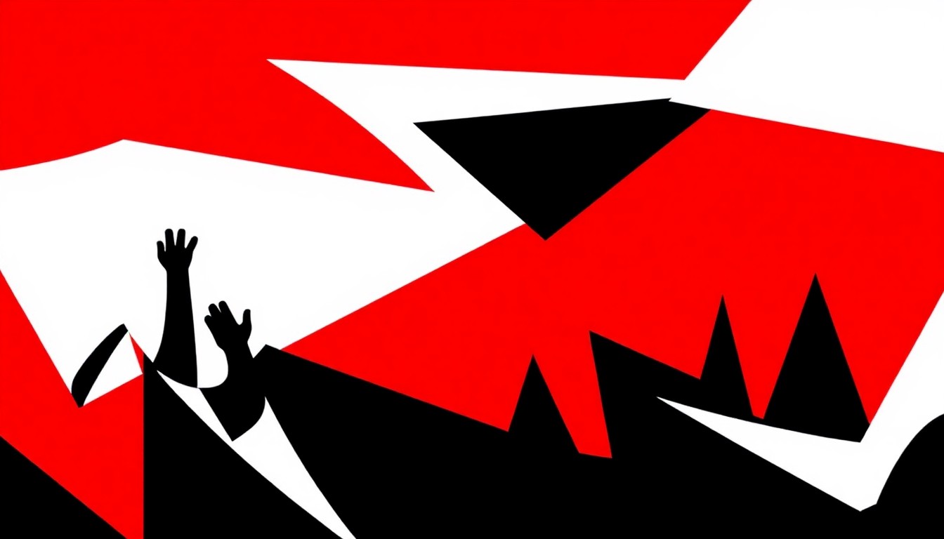 A vibrant, abstract illustration featuring bold, geometric shapes in red, white, and black, conceptually representing the energy and musical traditions of an American wind symphony concert.