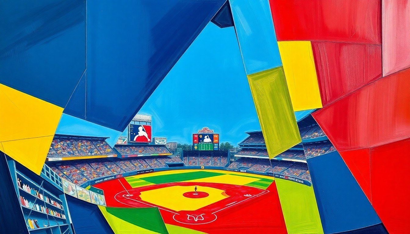 A cubist, fragmented painting depicting a baseball game or match, with sharp geometric shapes in bold colors like navy, red, and yellow overlapping to create a dynamic, abstract composition that captures the multifaceted nature of the Padres' recent news.