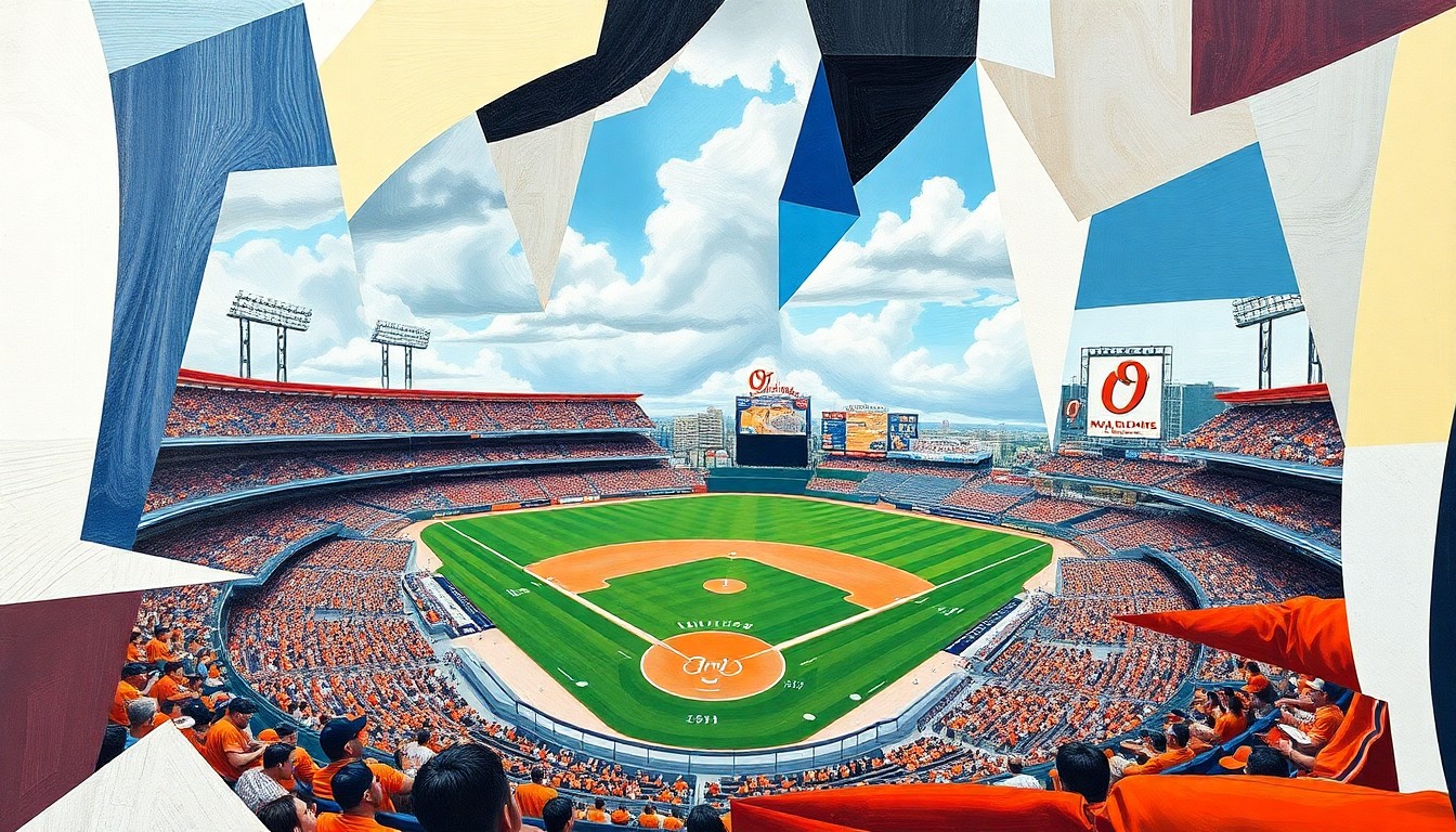 A cubist, geometric painting depicting an Orioles baseball game, with players and the field broken down into sharp, overlapping planes of color and shape, conveying the team's evolving identity and potential for surprise.