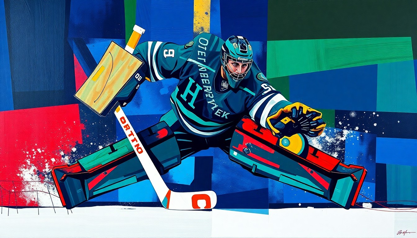 A cubist, geometric painting depicting a hockey goalie's movements and actions broken down into sharp, overlapping planes of vibrant navy, green, and red colors, conceptually representing the fragility and unpredictability of the NHL's goaltending landscape.