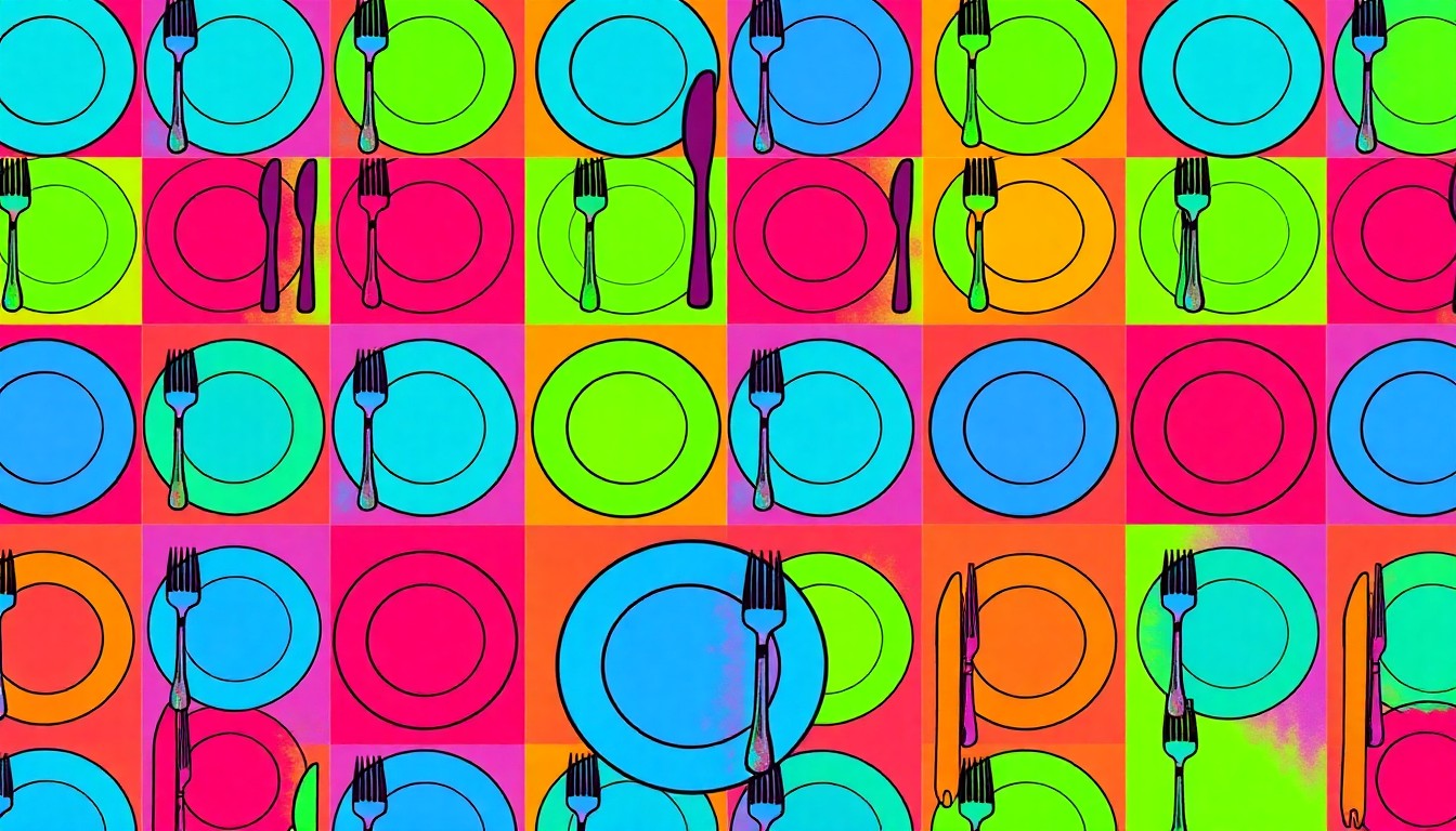 A brightly colored, high-contrast silkscreen print of a single, iconic restaurant item such as a plate or utensil, repeated in a tight grid pattern and rendered in a vibrant, unnatural color palette with heavy black outlines, conceptually representing the innovative and inclusive approach to allergen management at these LA establishments.
