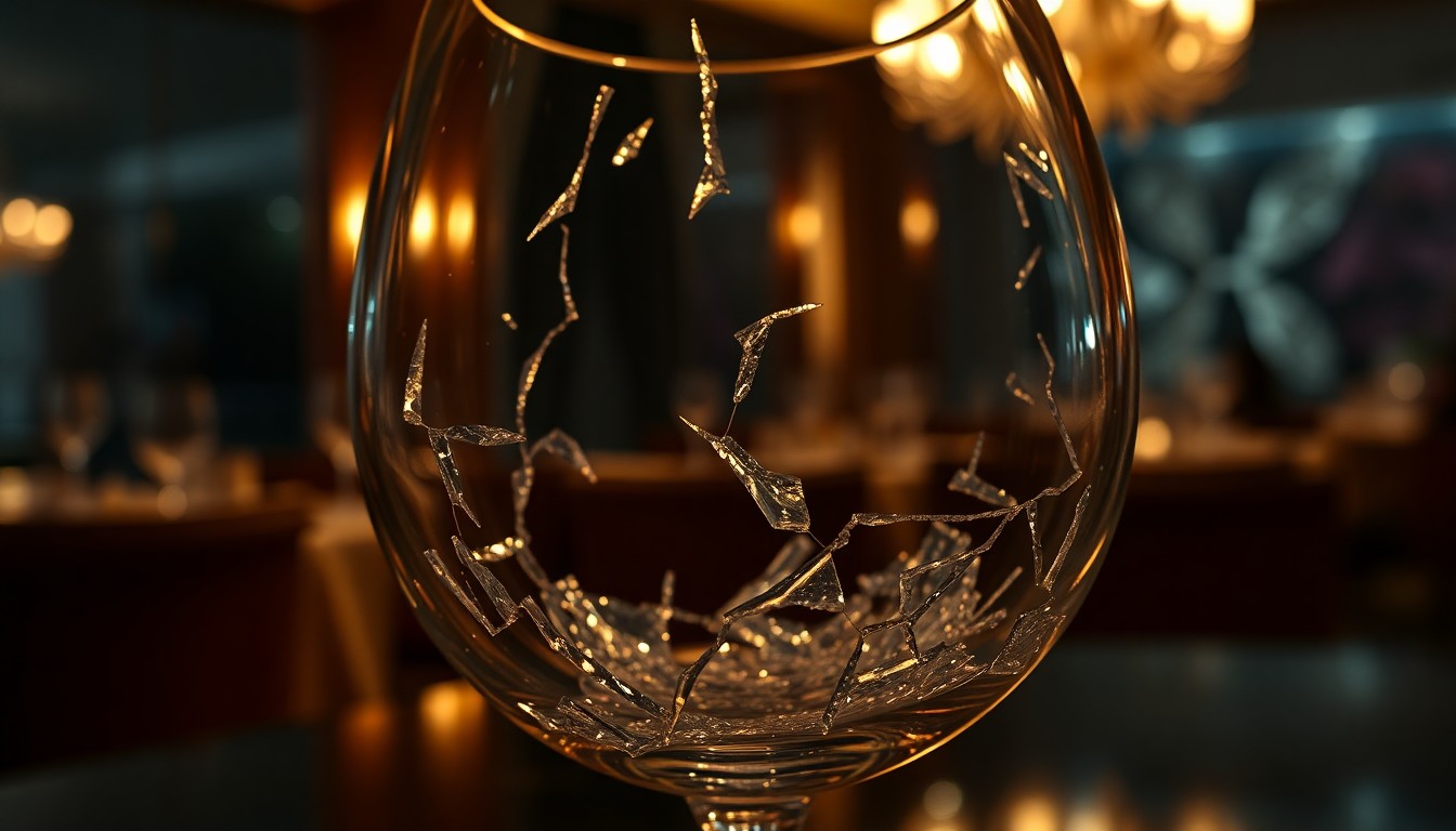 An extreme close-up photograph of the shattered remains of a wine glass, reflecting a dim, dramatic lighting that creates a sense of high-end luxury and glamour, but with an underlying feeling of disappointment and disarray.