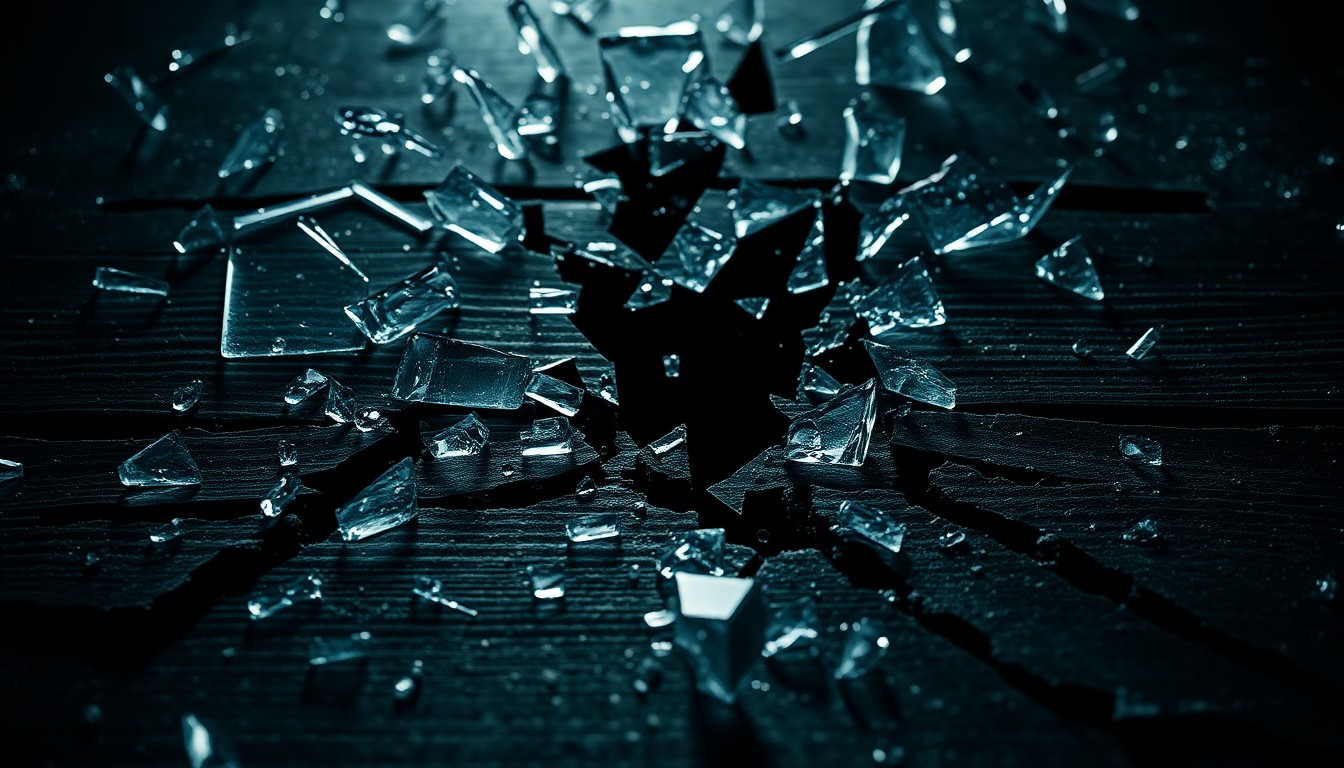An abstract close-up photograph featuring shattered glass and splintered wood textures in dramatic, high-contrast lighting, conveying the unsettling mood and tension of the psychological thriller 'Identity'.