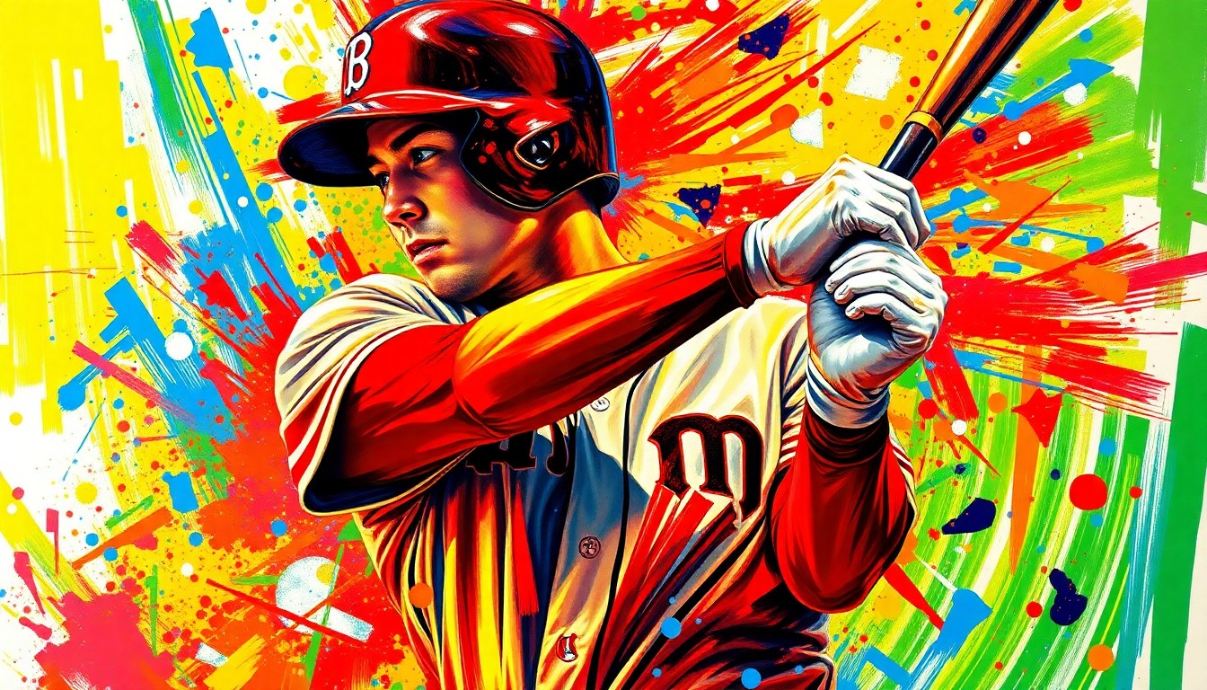 An extreme close-up of Shohei Ohtani's powerful batting swing, captured in a vibrant, expressionist style with rapid brushstrokes and neon colors, conceptually representing the dynamic energy and excitement of his record-breaking performance.