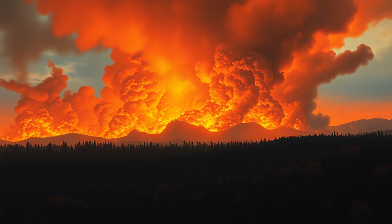 A sweeping, atmospheric landscape painting in muted earth tones, with billowing smoke and charred tree trunks obscuring the horizon, conveying the overwhelming power of a natural disaster.