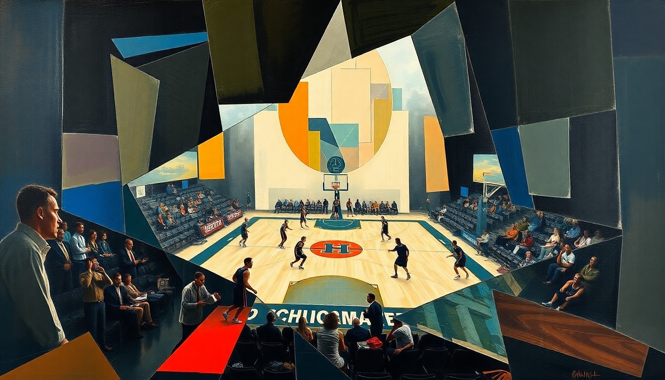 A cubist-style painting depicting an NBA basketball court and players, with the court and players broken down into sharp, overlapping geometric shapes and planes in vibrant colors, conceptually representing the fractured perspectives and competing narratives in the world of NBA reporting.
