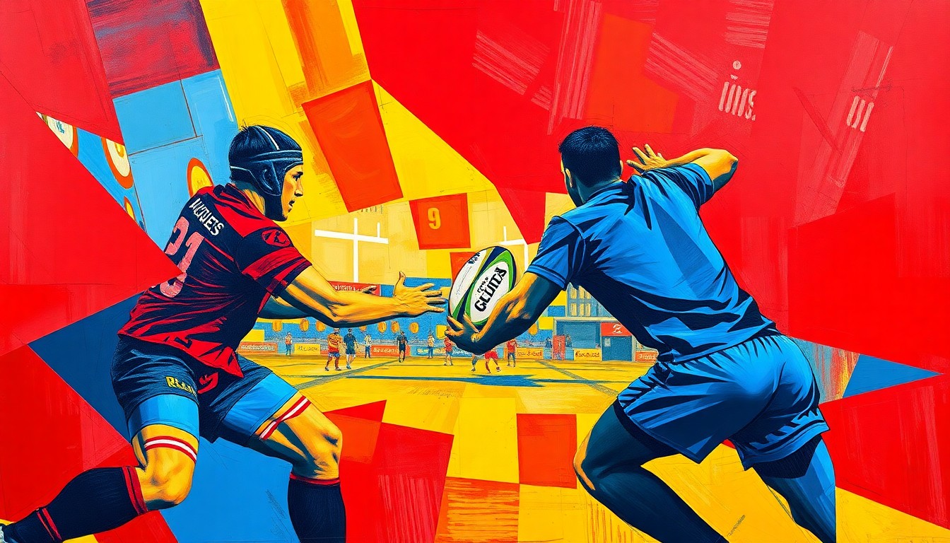 A fragmented, geometric painting in bold primary colors depicting the movement and intensity of a rugby league game, conveying the transformative journey of the sport over the past three decades.